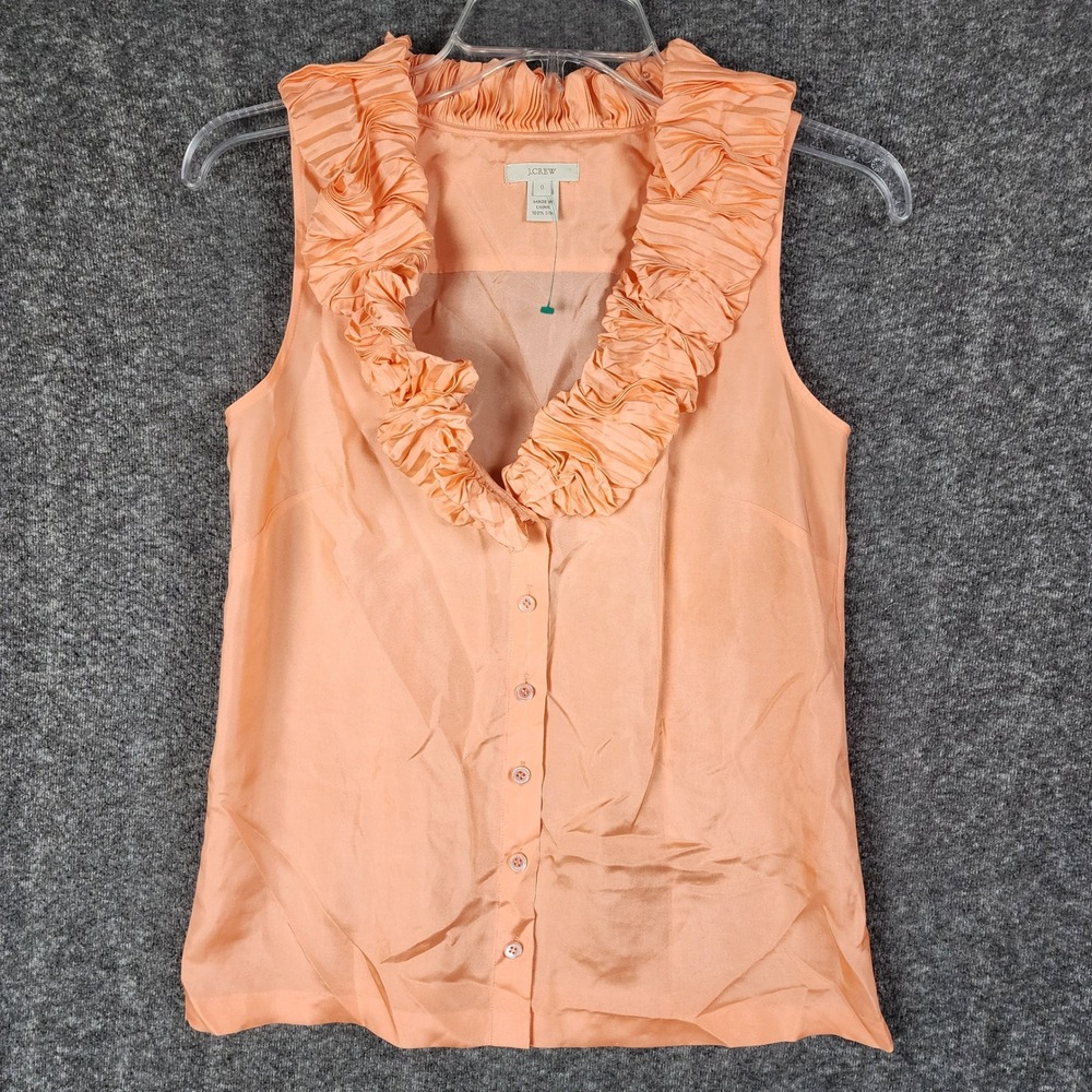 J.Crew Top Womens 0 19938 Peach Ruffle V-Neck Sleeveless Silk Button Down EUC
